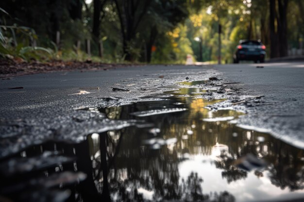 Mokry asfalt z wyraźnymi refleksami otaczającego środowiska