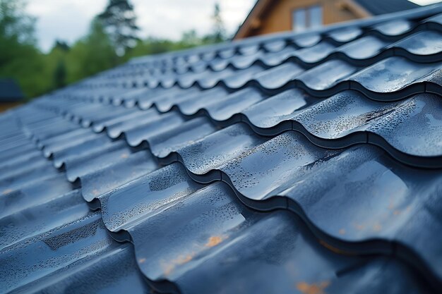 Zdjęcie mokry dach nowoczesnego domu pokryty czarnymi płytkami na tle niebieskiego tła