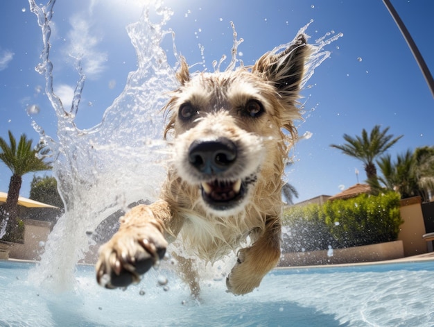 Mokry i radosny pies wskakujący do basenu w gorący letni dzień