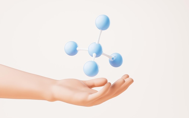Molekula chemiczna w ręce rendering 3D rysunek cyfrowy