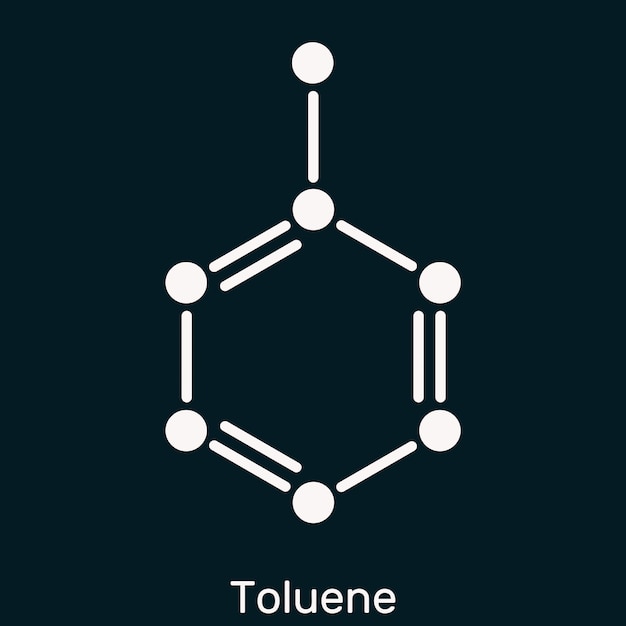 Molekula toluenu toluoluolu C7H8 Skeletowy wzór chemiczny na ciemno niebieskim tle