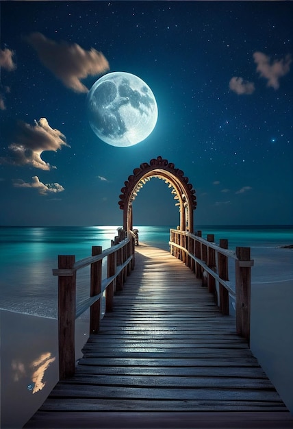 Molo w nocy z pełnią księżyca na niebie generatywnym ai