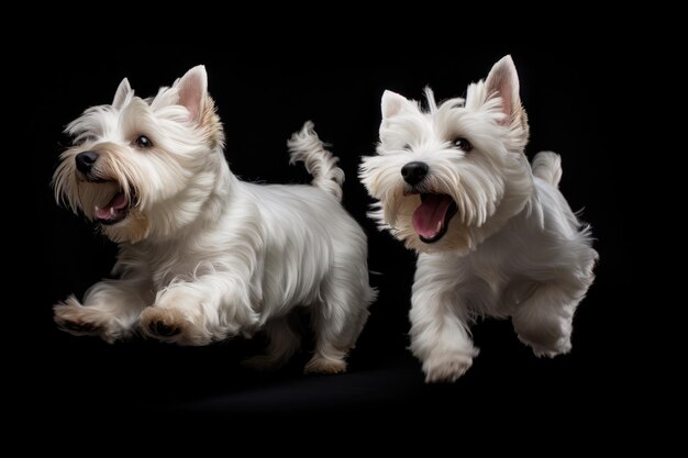 Moment skoku Dwa psy West Highland White Terrier na czarnym tle