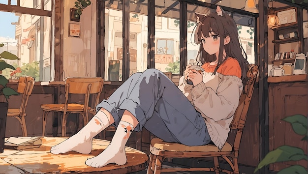 Momento Contemplativo en Cafe Anime con Calcetines de Gato (Momento kontemplacyjny w kawiarni anime z kociami)