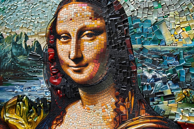 Mona Lisa złożona w całości z odzyskanych pokryw butelek z każdą pokrywą pomalowaną i ułożoną w celu stworzenia uderzającej mozaiki, która uchwyca istotę arcydzieła Da Vinci