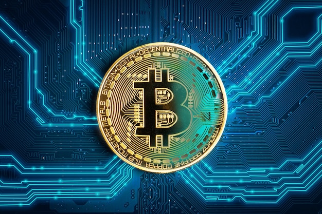 Moneta Bitcoin. Bitcoin-kryptowaluta na abstrakcyjnym tle elektronicznej płyty głównej.