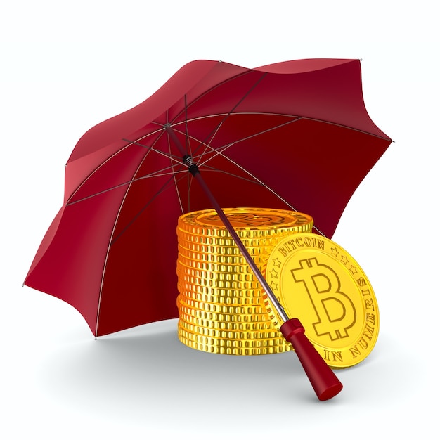 Moneta bitcoin i parasol na białym tle. Izolowana ilustracja 3D
