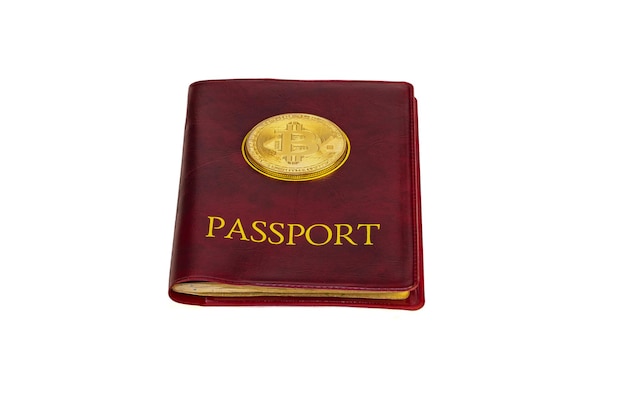 Moneta Bitcoin i paszport na białym tle