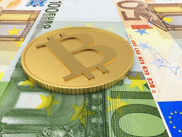 Moneta Bitcoin leży na banknotach euro