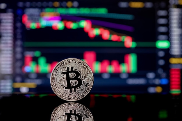 Moneta Bitcoin na wykresie handlu kryptowalutami w tle na ekranie komputera. Koncepcja cyfrowego pieniądza, bankowości, inwestycji, finansów i biznesu.