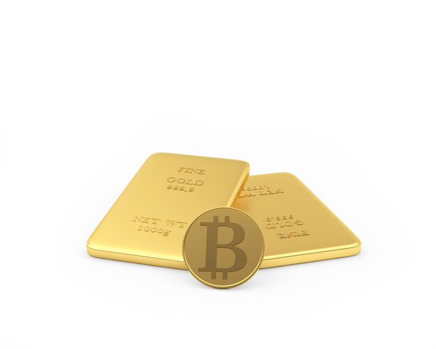Moneta Bitcoin z cienkimi sztabkami złota