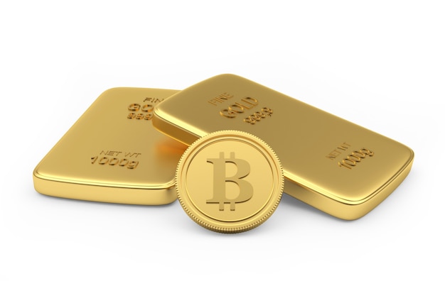 Moneta Bitcoin z dwoma sztabkami złota