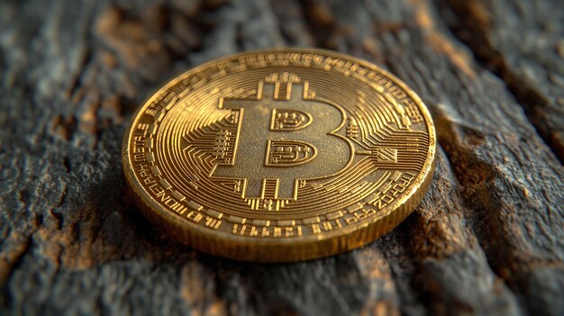 Moneta Bitcoina leży na drewnianym stole z bliska Generatywna sztuczna inteligencja