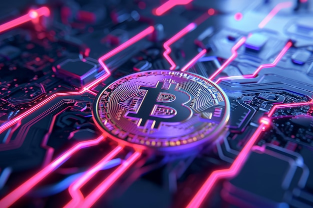Moneta kryptowalutowa Bitcoin na płytce obwodów komputerowej w kolorach neonowych