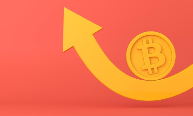 Moneta kryptowaluty Bitcoin na strzałce trendu wzrostowego. Renderowanie 3D.