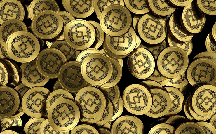 Monety Binance spadają na czarnym tle