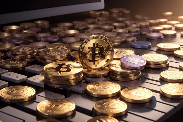 Monety Bitcoin na klawiaturze