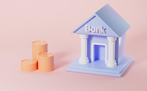Monety i bank z różowym tłem koncepcja depozytu bankowego i wypłaty renderowania 3d