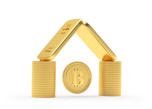 Monety i sztabki złota ułożone jak dom z monetą bitcoin