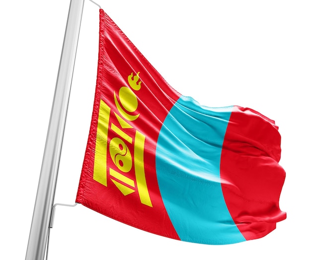 Mongolia macha flagą z masztem na białym tle z wyciętą ścieżką