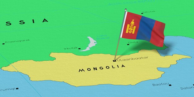 Mongolia Ulaanbaatar flaga narodowa przypięta na mapie politycznej ilustracja 3D