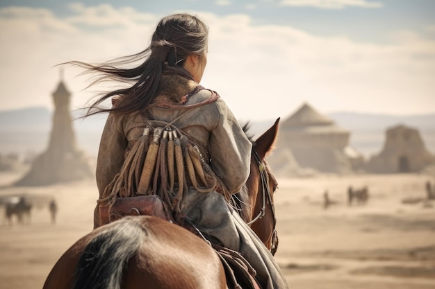 Mongolska starożytna kobieta jeździ Generuj Ai