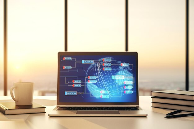 Monitor komputerowy z abstrakcyjną ilustracją kreatywnego programowania oraz mapą świata, dużymi zbiorami danych i koncepcją blockchain Renderowanie 3D