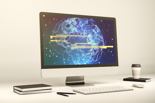 Monitor komputerowy z abstrakcyjną ilustracją programowania twórczego i mapą świata, dużymi danymi i koncepcją łańcucha bloków 3D Rendering
