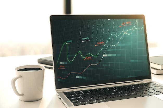 Monitor komputerowy z abstrakcyjną twórczą analityką danych analitycznych w arkuszu kalkulacyjnym koncepcja analizy i analizy Renderowanie 3D