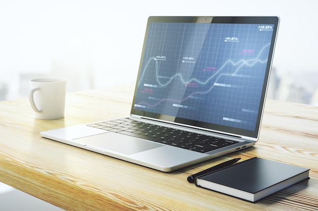 Monitor komputerowy z abstrakcyjną twórczą analityką danych analitycznych w arkuszu kalkulacyjnym koncepcja analizy i analizy Renderowanie 3D