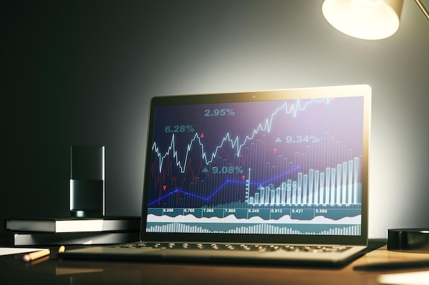 Monitor komputerowy z abstrakcyjnym wykresem finansowym, koncepcją finansów i handlu 3D Rendering