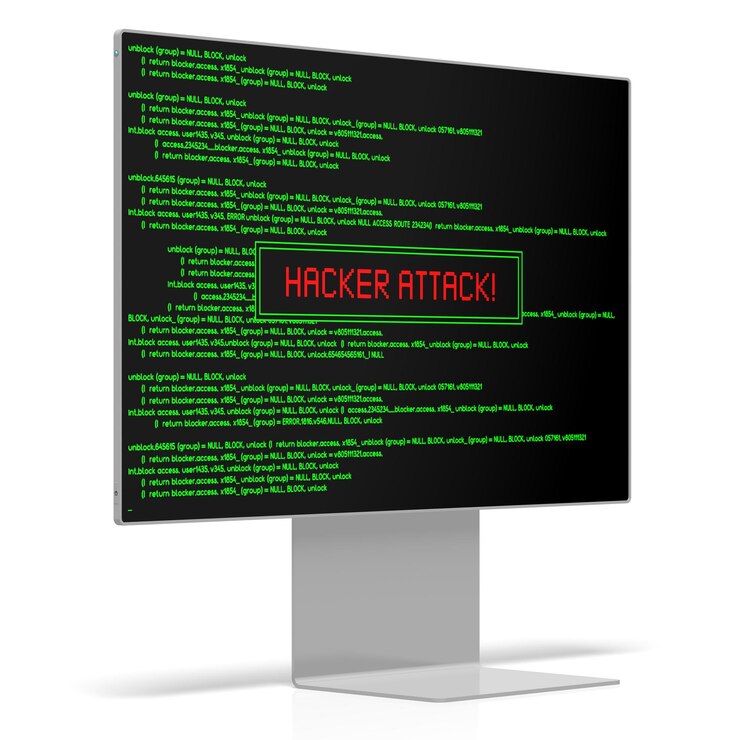 Zdjęcie monitor komputerowy z zielonym kodem aplikacji na ekranie w koncepcja ataku hakera ilustracja 3d