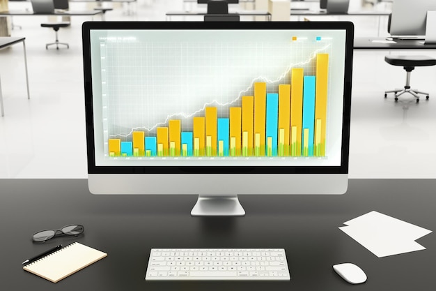 Monitorz wykresem biznesowym z okularami na klawiaturę i pustym dziennikiem