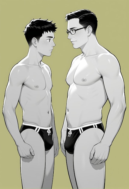 Monochromatyczna ilustracja dwóch mężczyzn, jednego szczupłego i jednego muskularnego w bieliźnie, reprezentująca pojęcia f