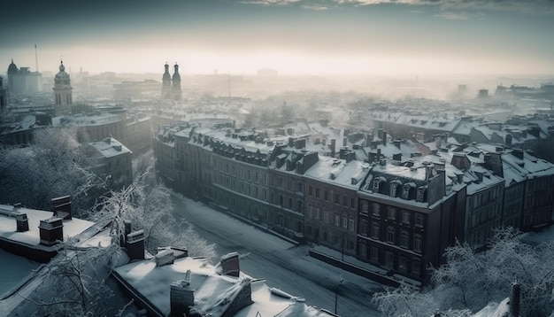 Monochromatyczna panorama miasta o spokojnym świcie wygenerowana przez sztuczną inteligencję