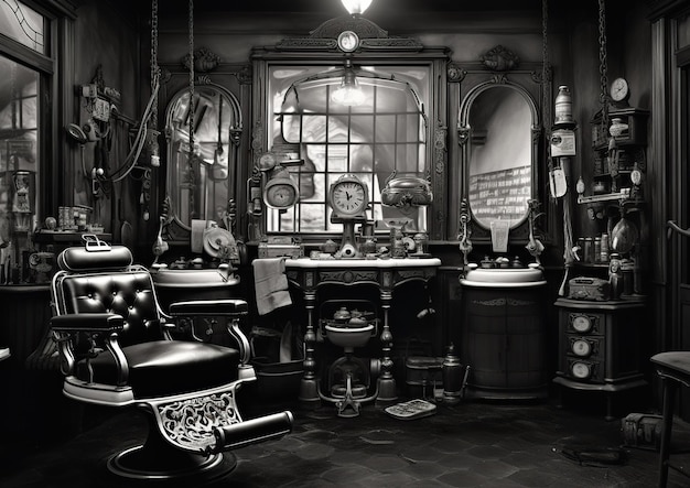 Zdjęcie monochromatyczne uchwycenie starego wnętrza fryzjerskiego sklepu z krzesłem fryzjerskim w środku generative ai