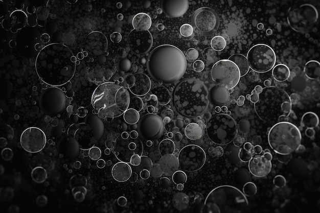 Monochromatyczne zdjęcie przedstawiające mnóstwo bąbelków w różnych rozmiarach