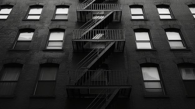 Monochromatyczne zdjęcie schodów przeciwpożarowych przedstawiające miejską użyteczność i estetykę