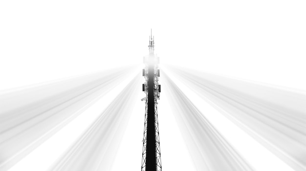 Monochromatyczny obraz wieży komunikacyjnej z promieniami białego światła