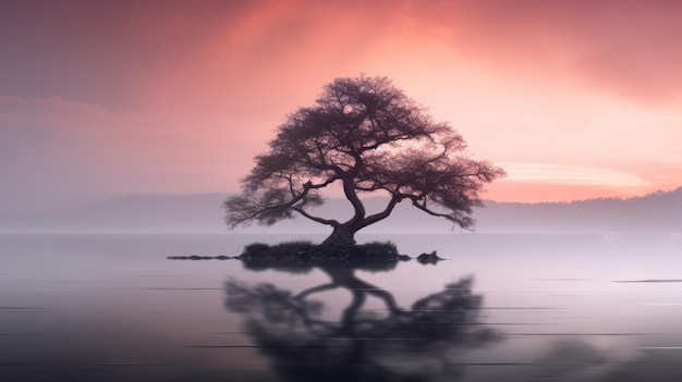 Monotonny, spokojny wschód słońca z samotnym drzewem w spokojnym jeziorze