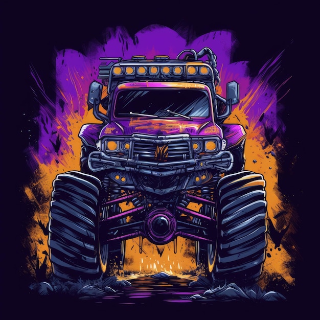 Monster Truck tshirt plakat tatuaż do druku designe wektor makieta fantasy czarne tło wall art