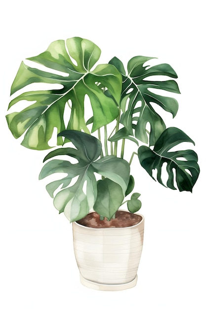 Monstera Deliciosa W Doniczce Akwarela Do Dekoracji Botanicznej Generative Ai