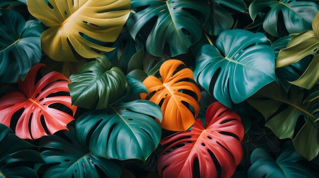 Monstera i Calathea kolorowe liście tło Rośliny tropikalne pełne kolorów