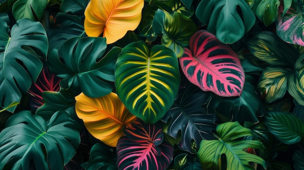 Monstera i Calathea kolorowe liście tło Rośliny tropikalne pełne kolorów