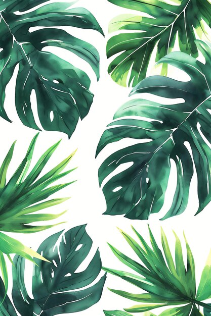 Zdjęcie monstera i zielone liście tropikalne palmowe wzór akwarelowy izolowany na białym tle