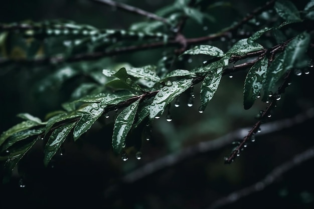 Monsunowe krople deszczu na gałęzi drzewa deszcz