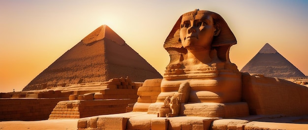 Monumentalna rzeźba Sfinksa i wielkich piramid w tle Płaskowyż Giza Egipt