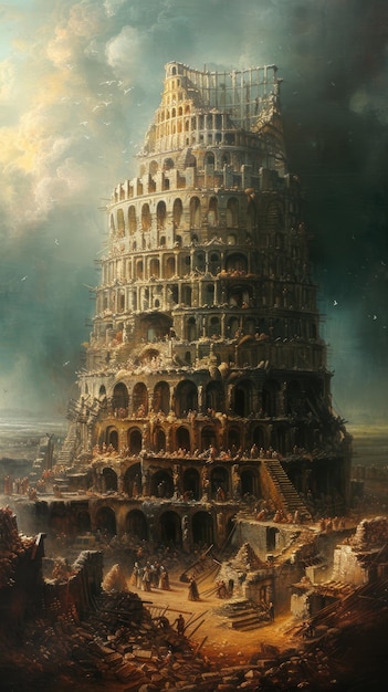 Zdjęcie monumentalna wieża babel przebija niebo, symbolizując ludzką ambicję, różnorodność kulturową, jedność.