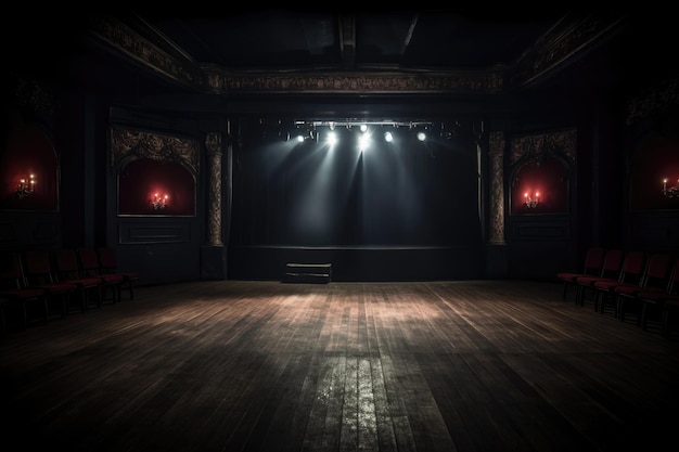 Zdjęcie moody cieniasta pusta scena teatralna z jednym reflektorem stworzona za pomocą generatywnej ai