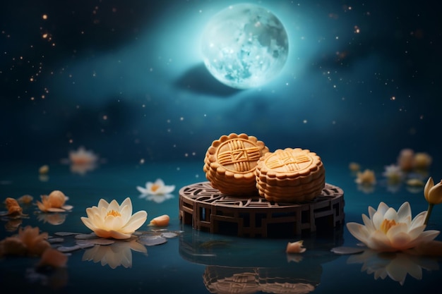 Mooncakes na tle pełni księżyca MidAutumn Day w Chinach 1